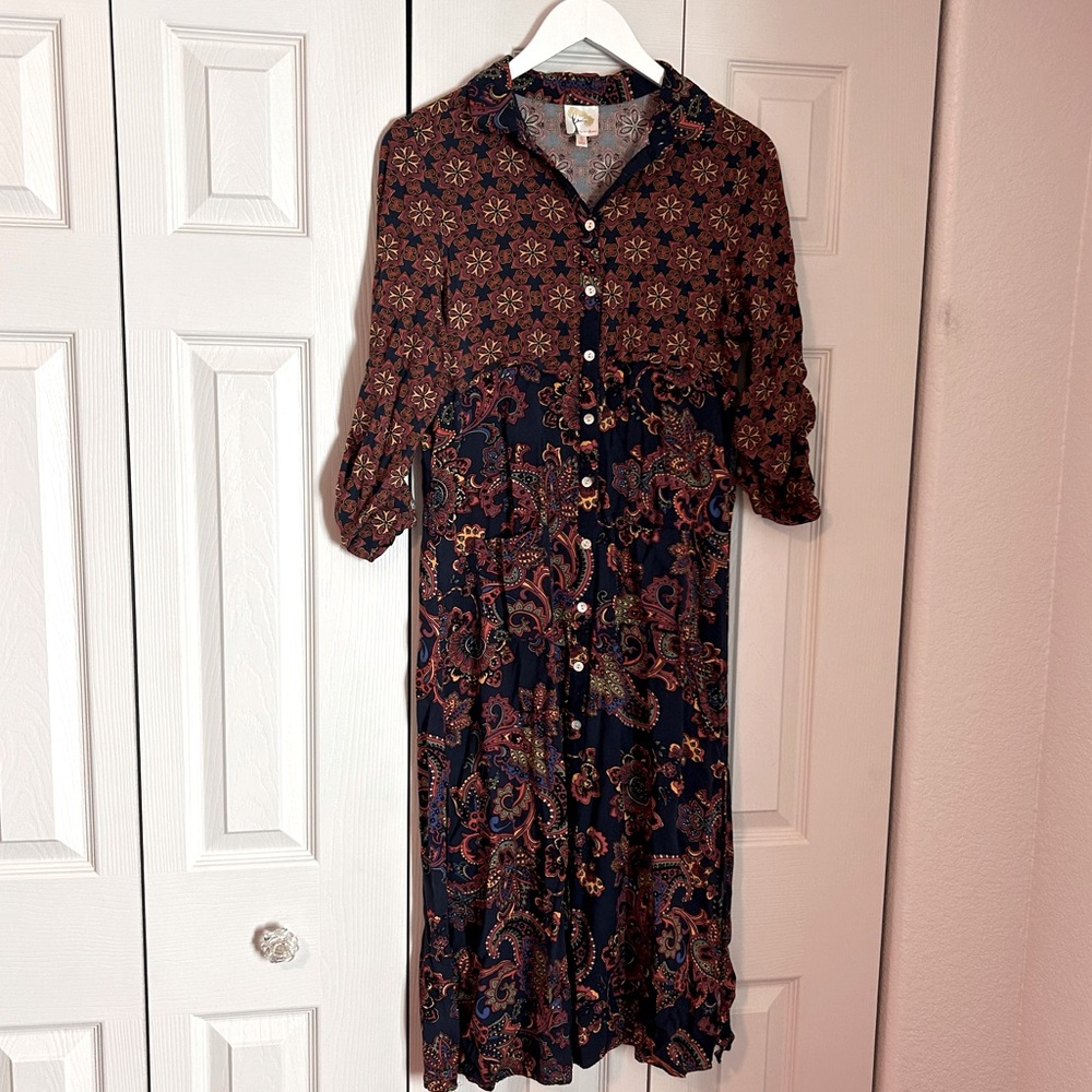 Anthropologie Fig & Flower Blue Paisley Button up Midi Shirtdress Rayon Sz Small